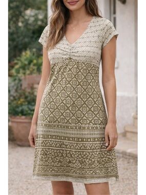 Athleta Olive Patterned V-Neck Cap-Sleeve Mini Dress